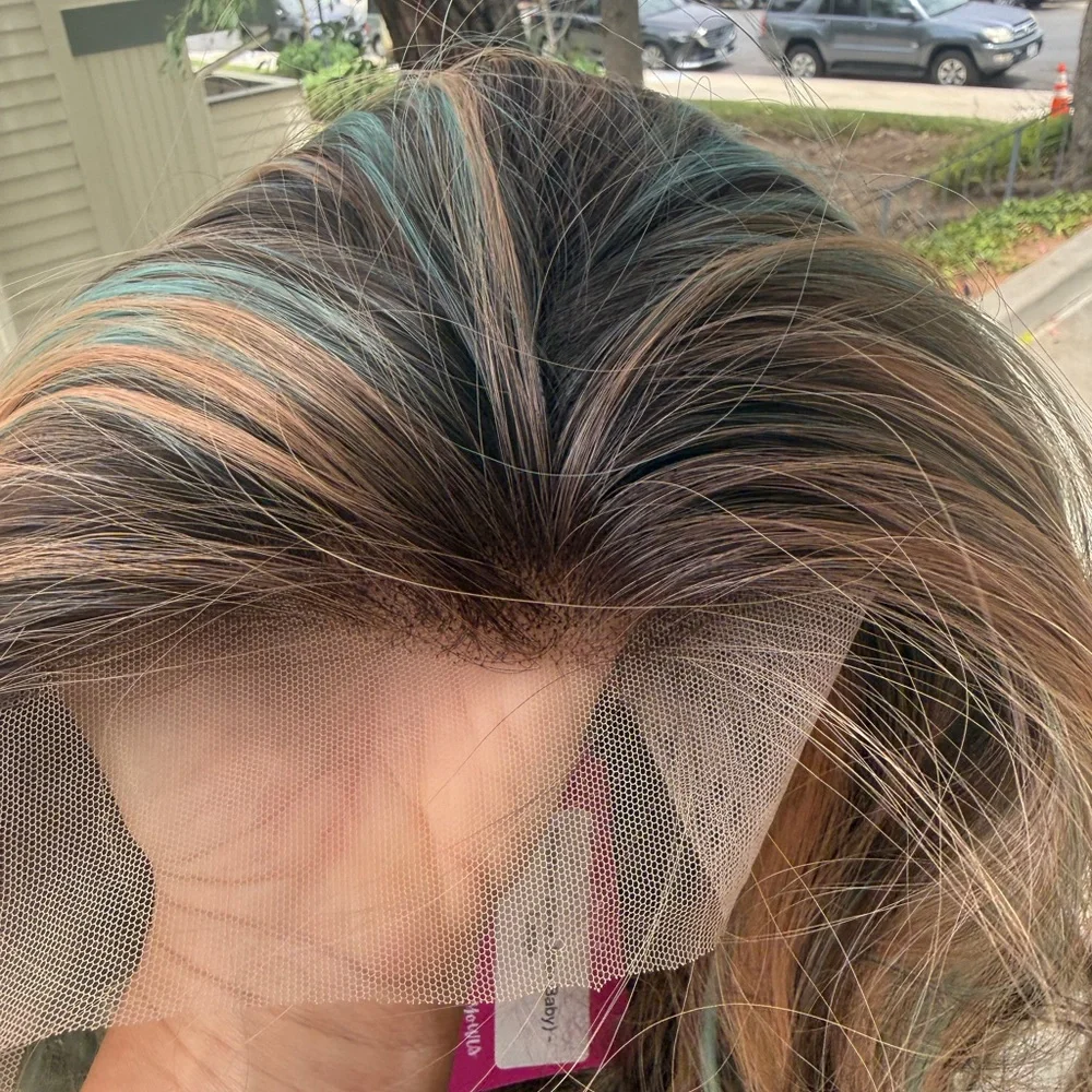 Long Wavy Women’s Hair Color - Blonde with Teal Highlights